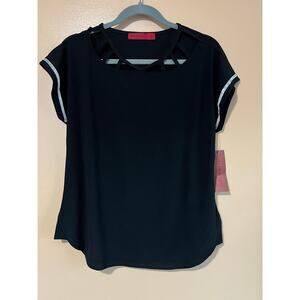 NWT Love Scarlett Black Cap Sleeve Rhinestone Trim Cage Cutout Neckline Top M
